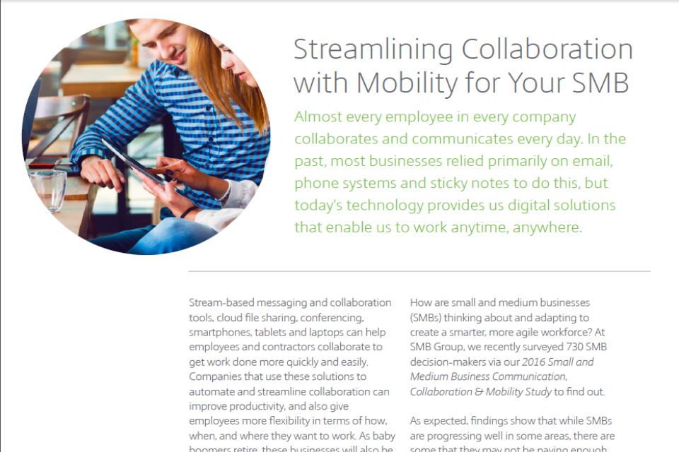 Almost every employee in every company collaborates and communicates every day. In the past, most businesses relied primarily on email, phone systems and sticky notes to do this, but todays technology provides us digital solutions that enable us to work anytime, anywhere. <a href="Streamlining Collaboration with Mobility for Your SMB.php" style="font-size: 16px;
font-weight: 300;
margin-bottom: 0;">Read More</a>
